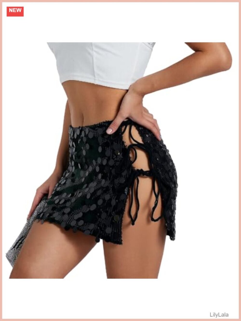 Sequin Mini Skirt Low Waist Tie Up Side Split Glitter Micro Skirt